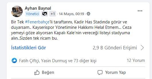 14 Mayıs 2021 tarihinde Maç Öncesi Ayhan Baynal'ın Paylaşımı