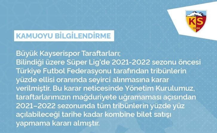 Kayserispor'da Kombine Satışları Askıya Alındı.
