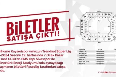 Kayserispor-Sivasspor Süper Lig Maçının Biletlerinin Satışı Devam Ediyor.